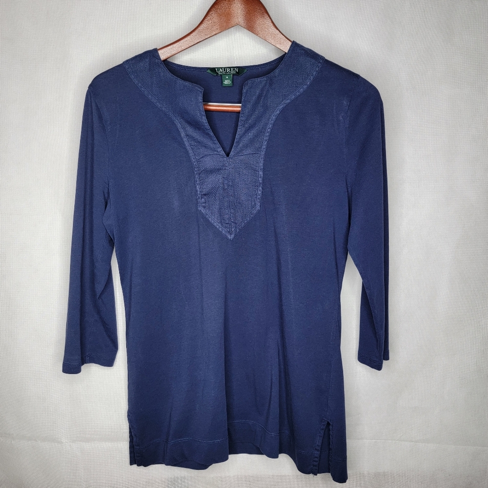 Lauren Ralph Lauren Tunic Top Navy Blue Split Neck 3/4 Sleeve Cotton Boho M